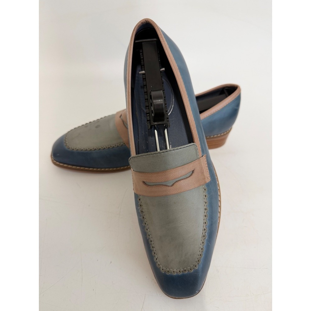 Mona Flying Womens Leather Penny Loafers Tri-Color Blue Grey Tan Size 8.5 EU 40